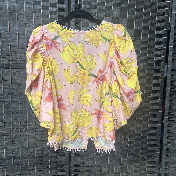 Farm Rio Pink Yellow Banana Print Blouse Size Large - Picture 2 of 11